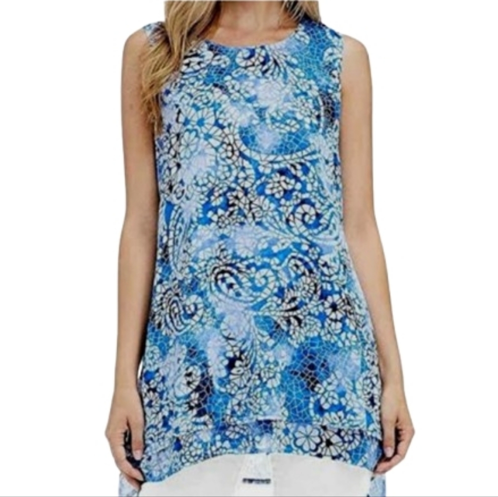 Fever Spring Blue Mosaic Glass Double Layer Tunic Summer Blouse Top Size Large